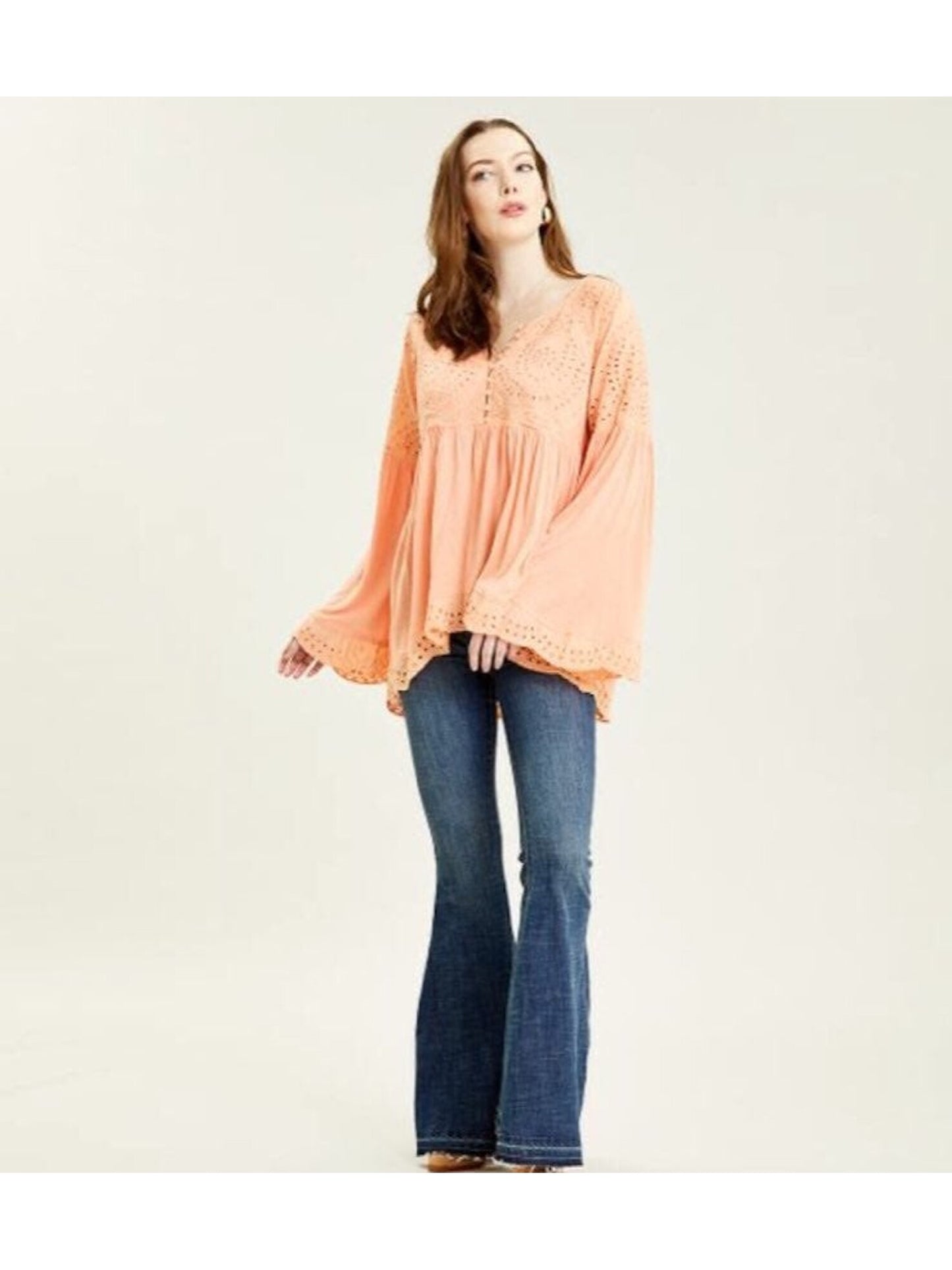 Blusas femininas Free People Blush Sun Eyelet Sea of ​​Love Manga Sino Blush Tamanho Grande