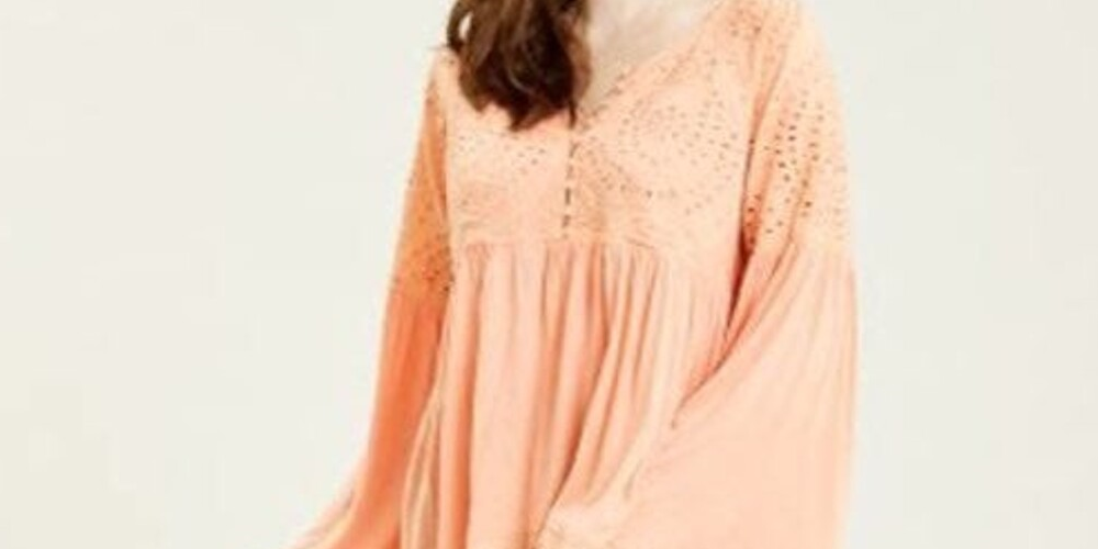 Blusas femininas Free People Blush Sun Eyelet Sea of ​​Love Manga Sino Blush Tamanho Grande