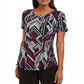 JM Collection Blusa feminina com decote redondo e damasco, preta, tamanho pequeno