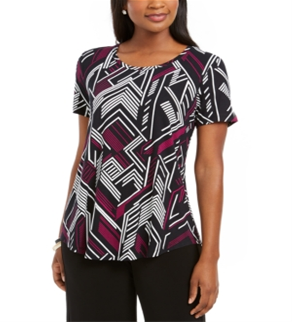 JM Collection Blusa feminina com decote redondo e damasco, preta, tamanho pequeno