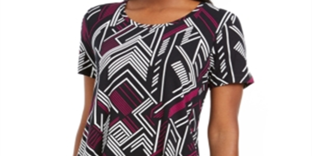 JM Collection Blusa feminina com decote redondo e damasco, preta, tamanho pequeno