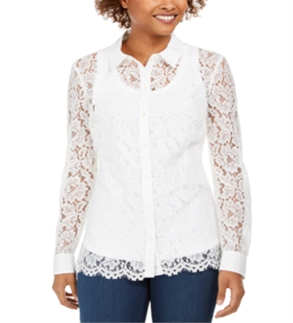 Camisa feminina de renda com botões Charter Club, branca, tamanho médio