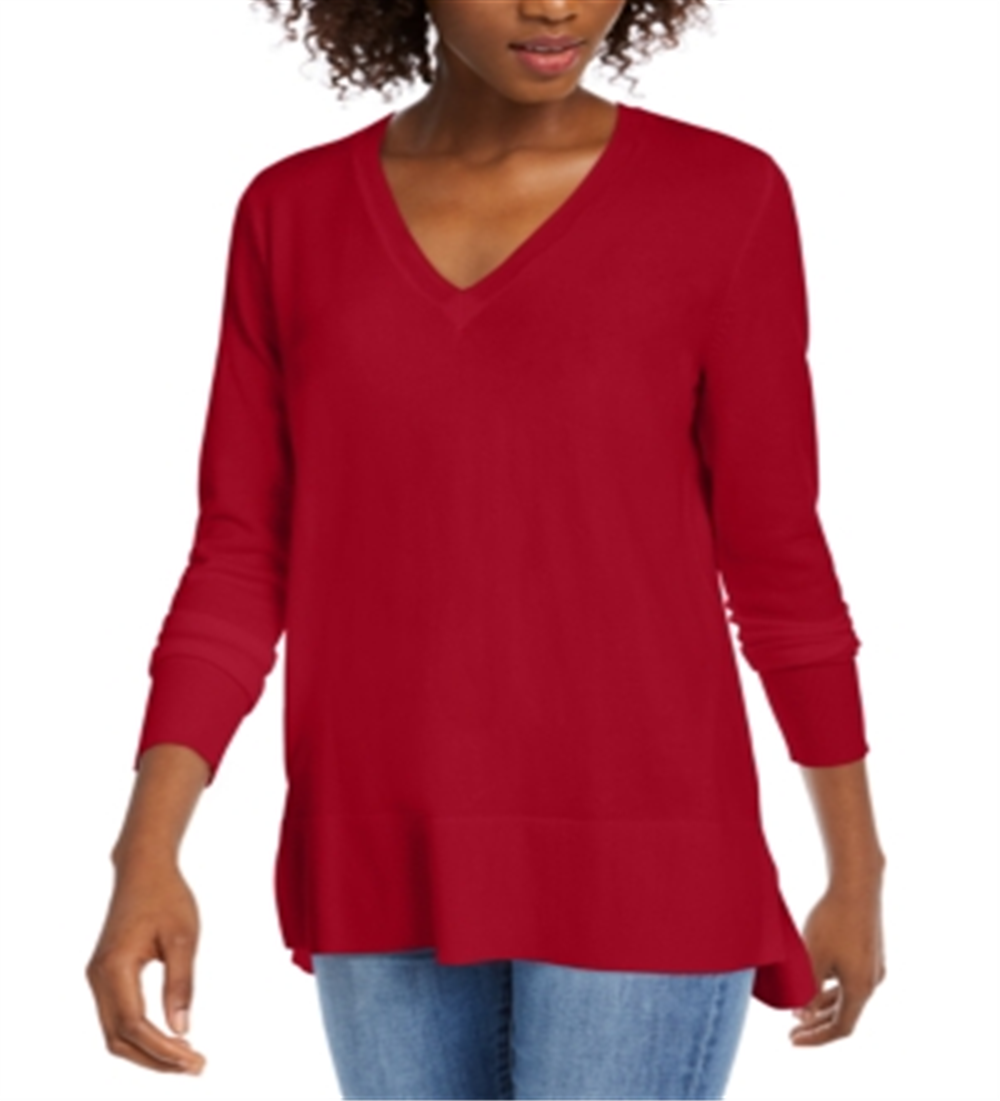 Suéter feminino Maison Jules com decote em V, vermelho, tamanho médio