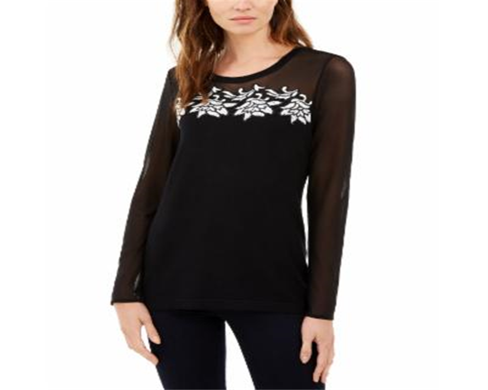 Suéter feminino com acabamento em renda e ilusão da INC International Concepts, preto, tamanho X-S