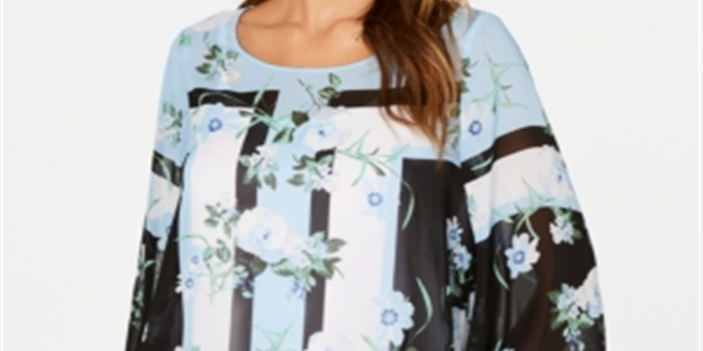 Blusa feminina Alfani estampada com manga de anjo, azul, tamanho pequeno G