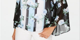 Blusa feminina Alfani estampada com manga de anjo, azul, tamanho pequeno G