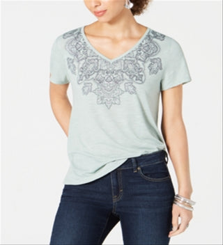 Camiseta feminina estampada com decote em V, tamanho P, verde, estilo &amp; co