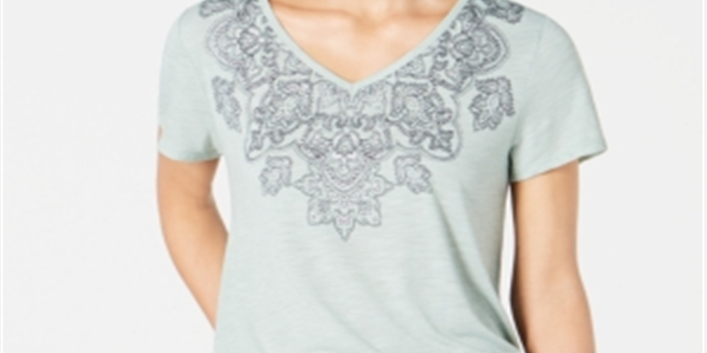 Camiseta feminina estampada com decote em V, tamanho P, verde, estilo &amp; co