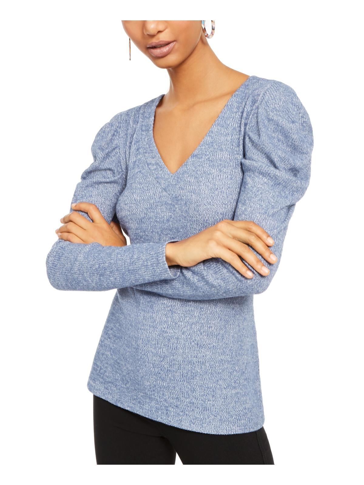 Camiseta feminina com decote em V canelado da INC International Concepts, azul, tamanho extragrande