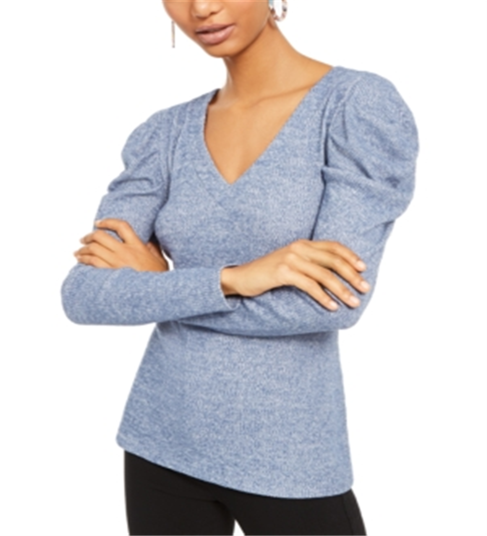Camiseta feminina com decote em V canelado da INC International Concepts, azul, tamanho extragrande