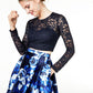 Top curto de festa feminino com lantejoulas e corações, renda floral, manga comprida, gola redonda, azul, tamanho 15