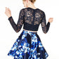 Top curto de festa feminino com lantejoulas e corações, renda floral, manga comprida, gola redonda, azul, tamanho 15