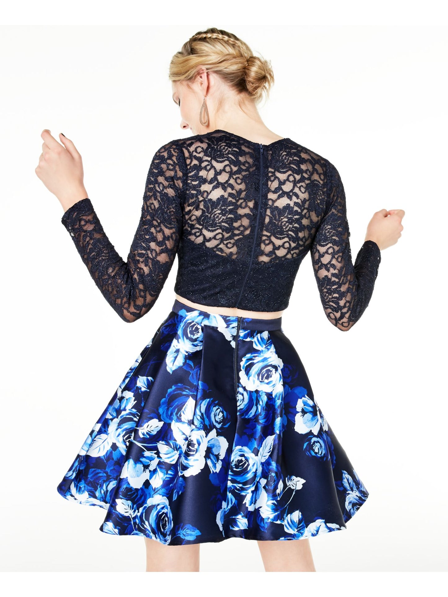 Top curto de festa feminino com lantejoulas e corações, renda floral, manga comprida, gola redonda, azul, tamanho 15