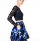 Top curto de festa feminino com lantejoulas e corações, renda floral, manga comprida, gola redonda, azul, tamanho 15