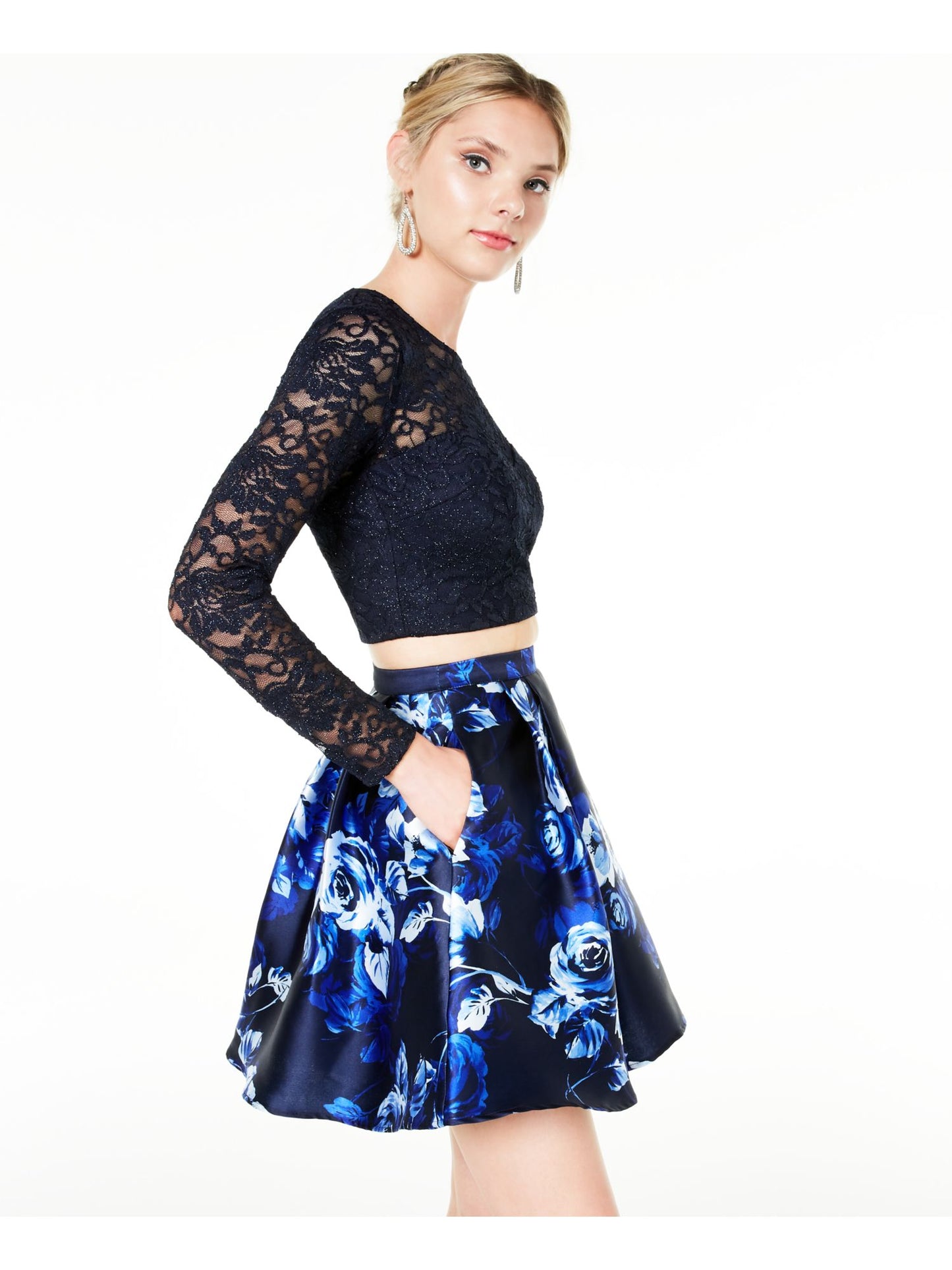 Top curto de festa feminino com lantejoulas e corações, renda floral, manga comprida, gola redonda, azul, tamanho 15