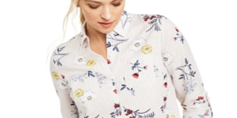 Camisa de linho com estampa floral feminina Charter Club, branca, tamanho pequeno