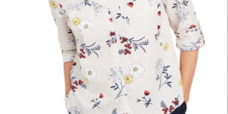 Charter Club Women's Floral Print Button Down Linen Shirt White Combo Size Small