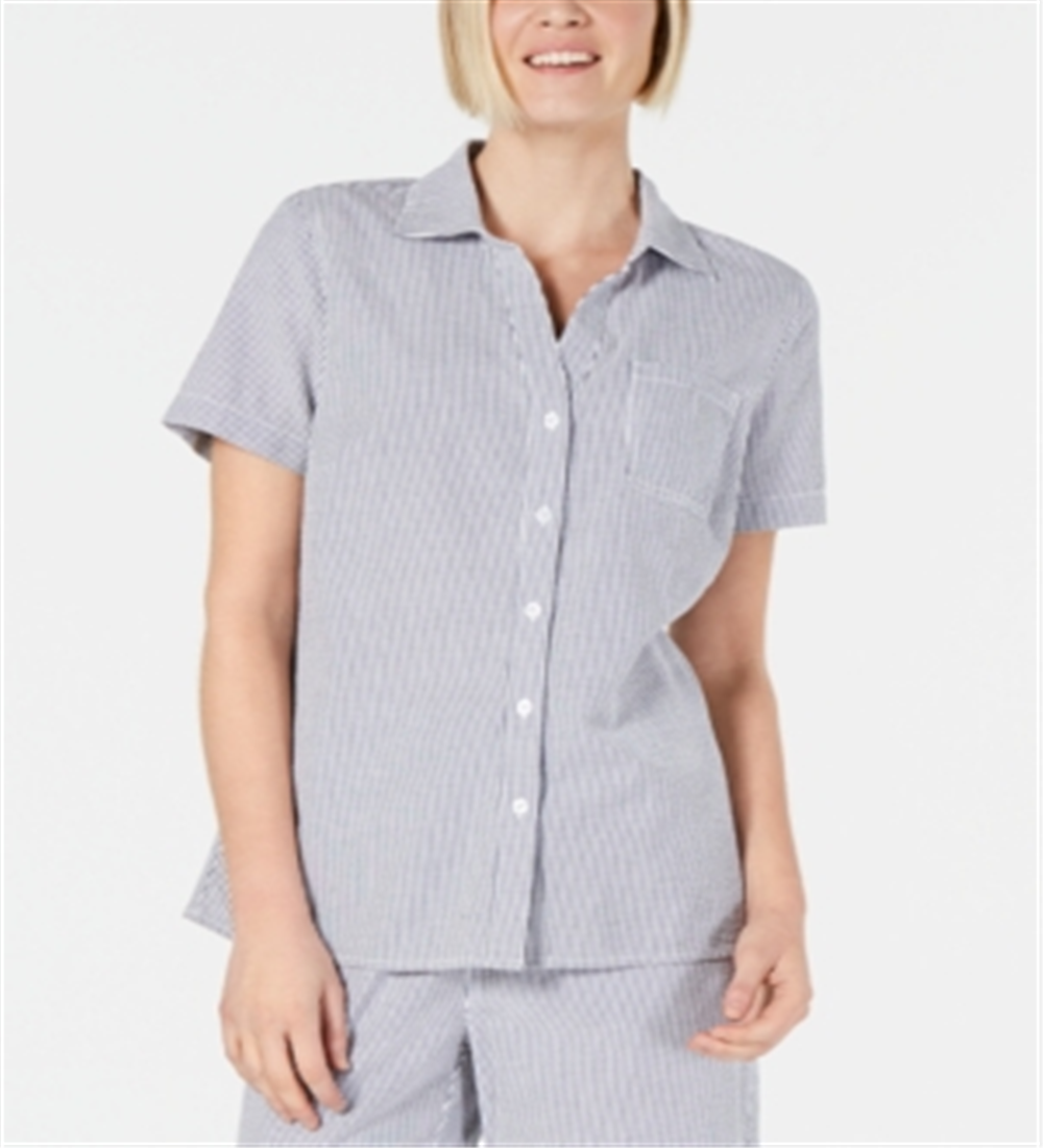 Camisa feminina Karen Scott de algodão seersucker, azul, tamanho extragrande