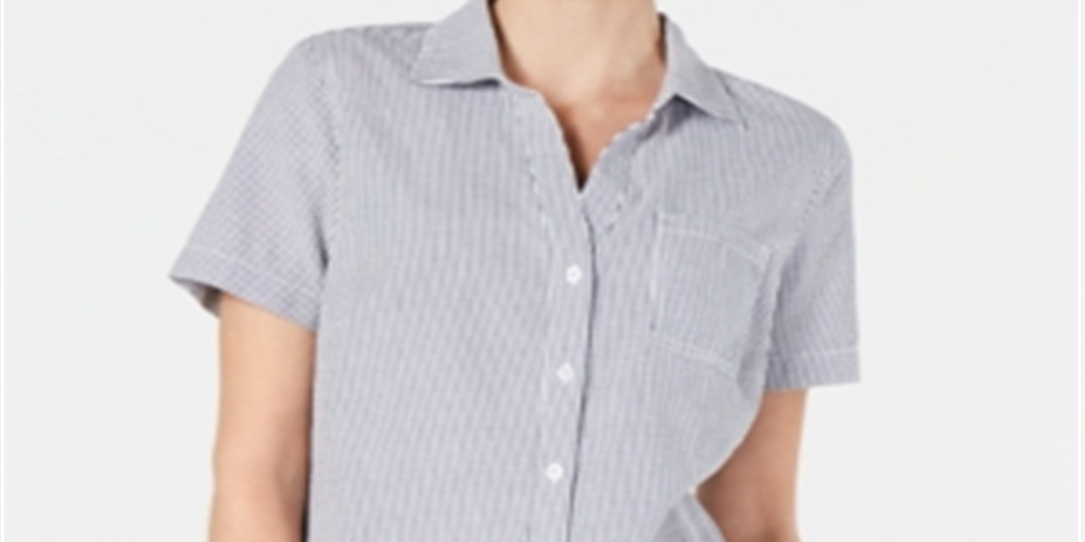 Camisa feminina Karen Scott de algodão seersucker, azul, tamanho extragrande