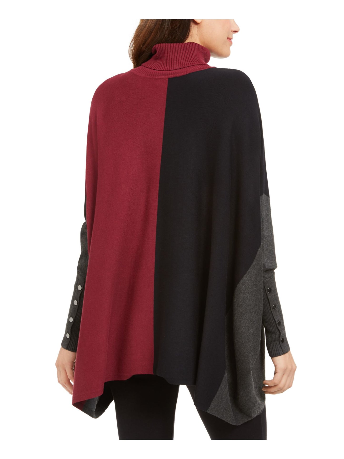 Suéter poncho feminino Signature com gola alta e blocos de cores, preto/vinho, tamanho pequeno P/M