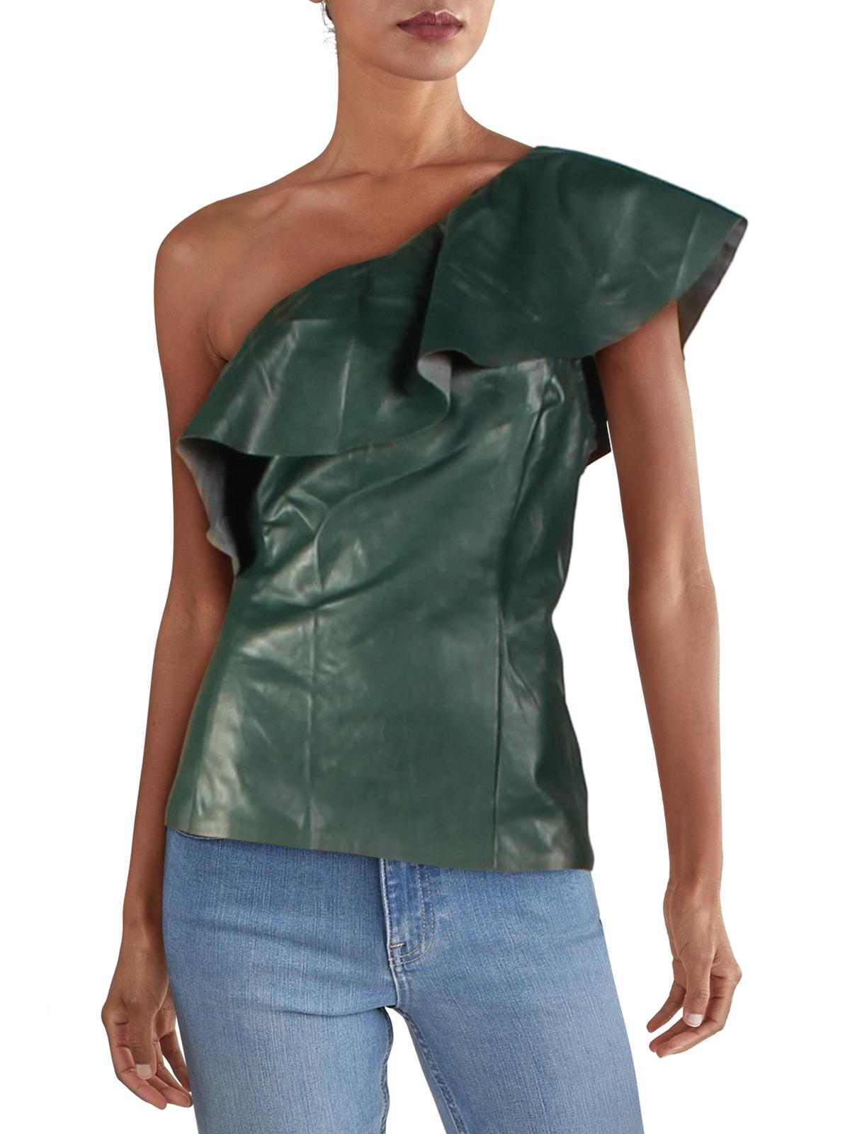 Blusa feminina de couro sintético com um ombro só, verde, tamanho grande, da INC International Concepts
