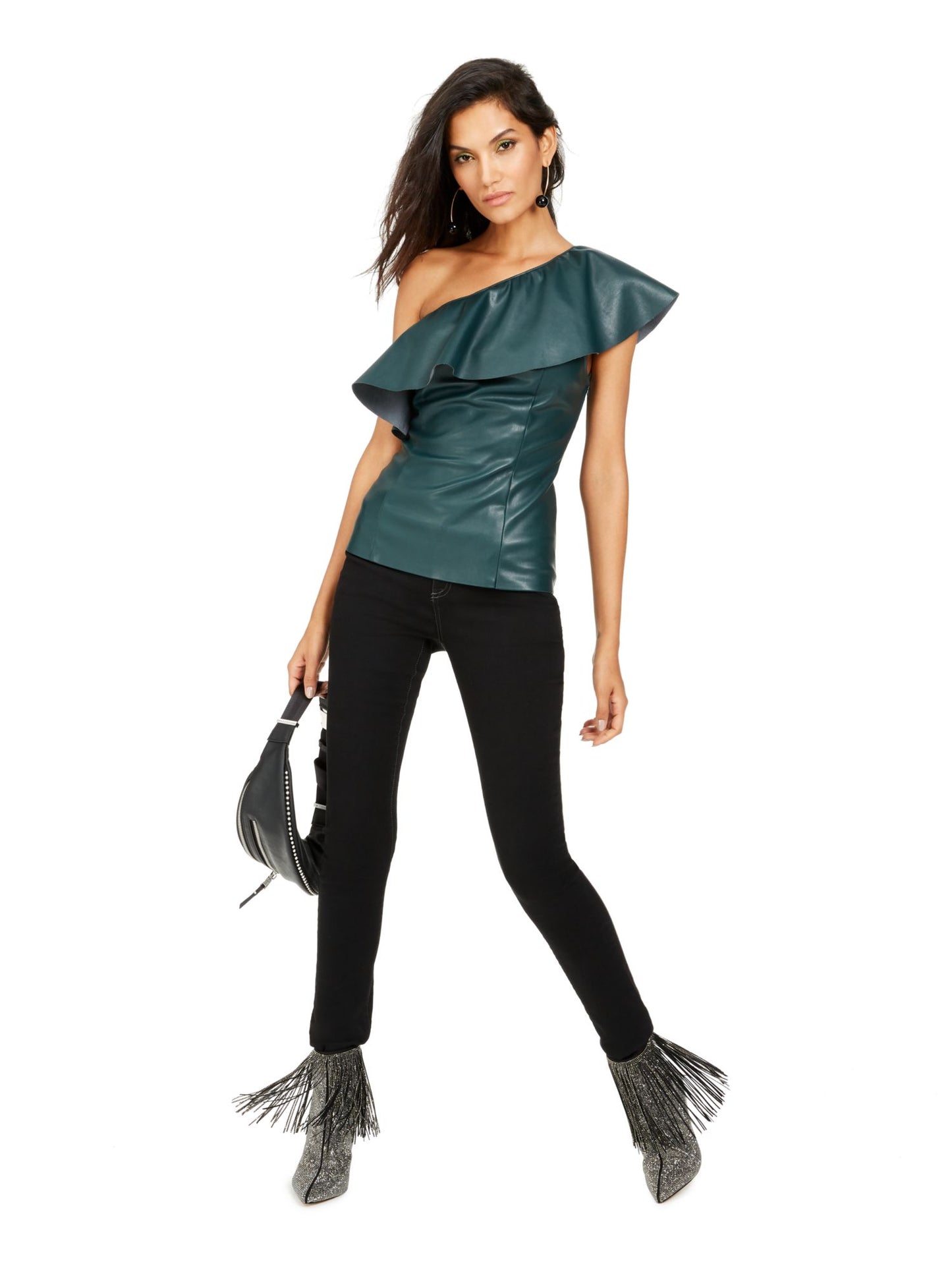 Blusa feminina de couro sintético com um ombro só, verde, tamanho grande, da INC International Concepts