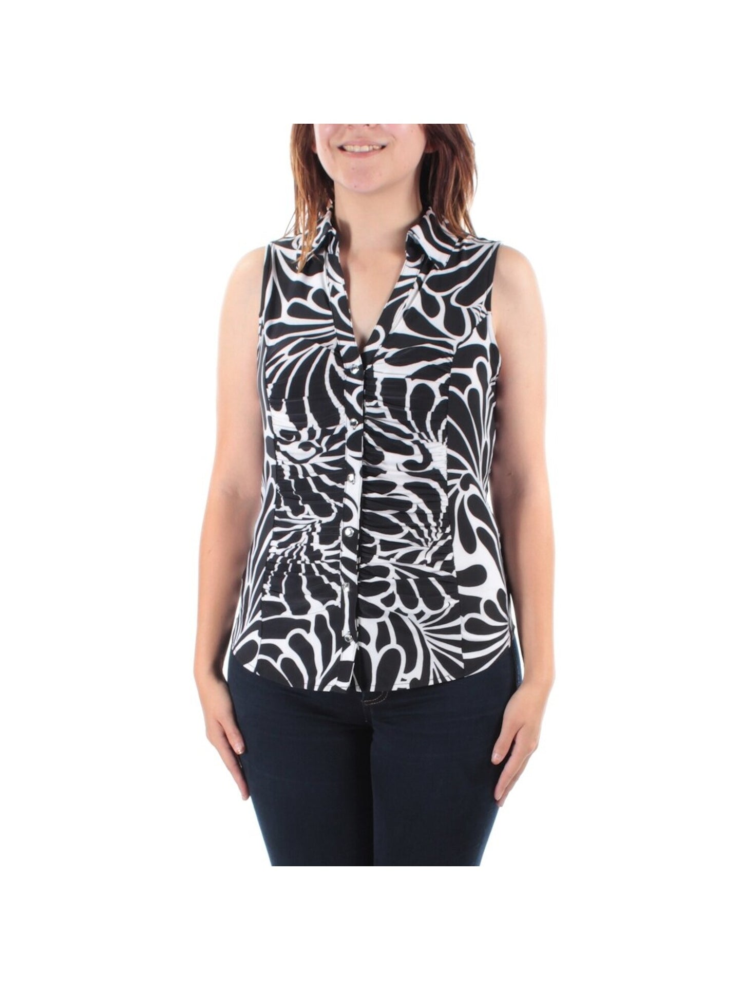 INC International Concepts Blusa feminina franzida com estampa animal, sem mangas, gola alta, preta, tamanho pequeno