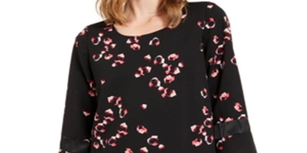 Alfani Túnica Feminina Estampada Manga 3/4 Gola Joia Preto Tamanho Pequeno X-Grande