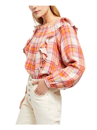 Blusa feminina xadrez Siena com decote quadrado, marrom, tamanho extrapequeno, da Free People