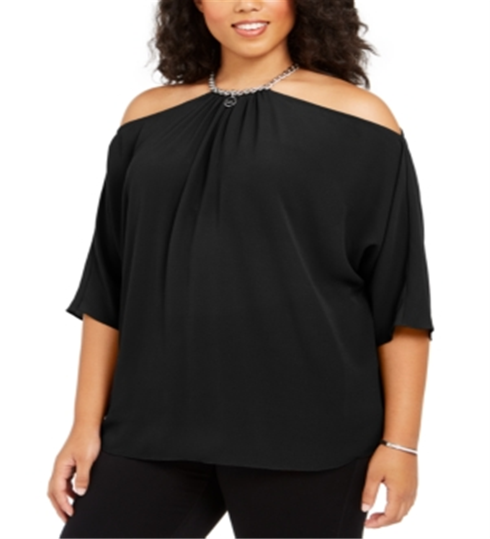 Blusa feminina Michael Kors Plus com decote em corrente e ombro vazado, preta, tamanho 1X