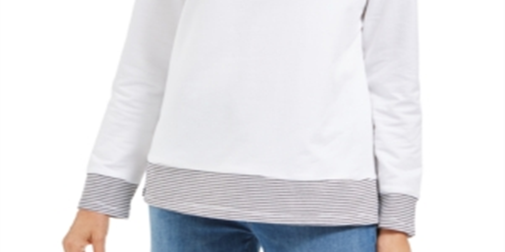 Moletom feminino Karen Scott Sport com bainha contrastante, branco, tamanho pequeno