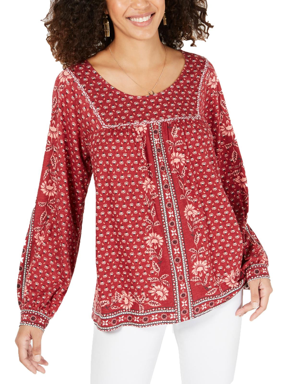 Top feminino estampado estilo camponês vermelho tamanho pequeno S