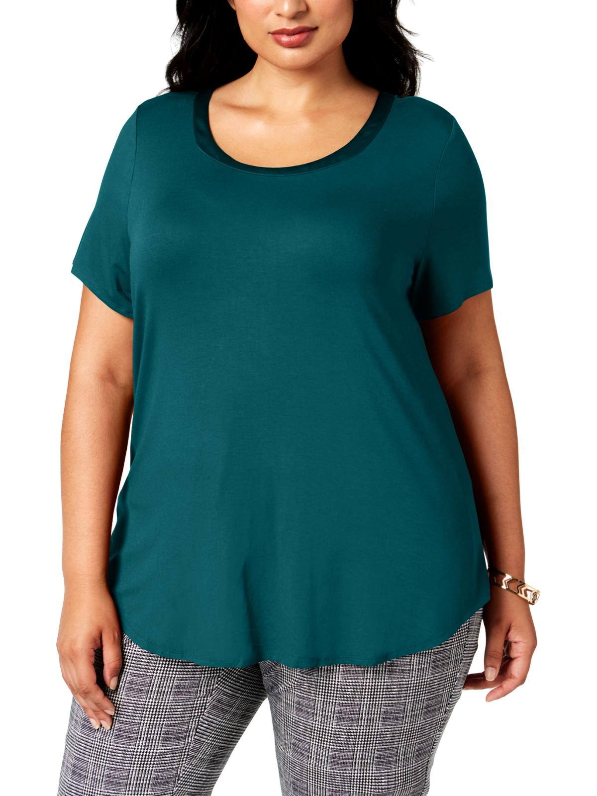 Camiseta feminina Alfani Plus com acabamento em cetim e manga curta, azul, tamanho 0X