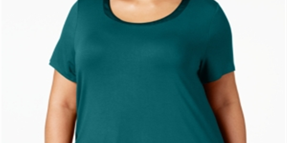 Camiseta feminina Alfani Plus com acabamento em cetim e manga curta, azul, tamanho 0X