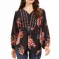 Top feminino estilo camponês com bainha de lenço estampado, preto, tamanho X-S