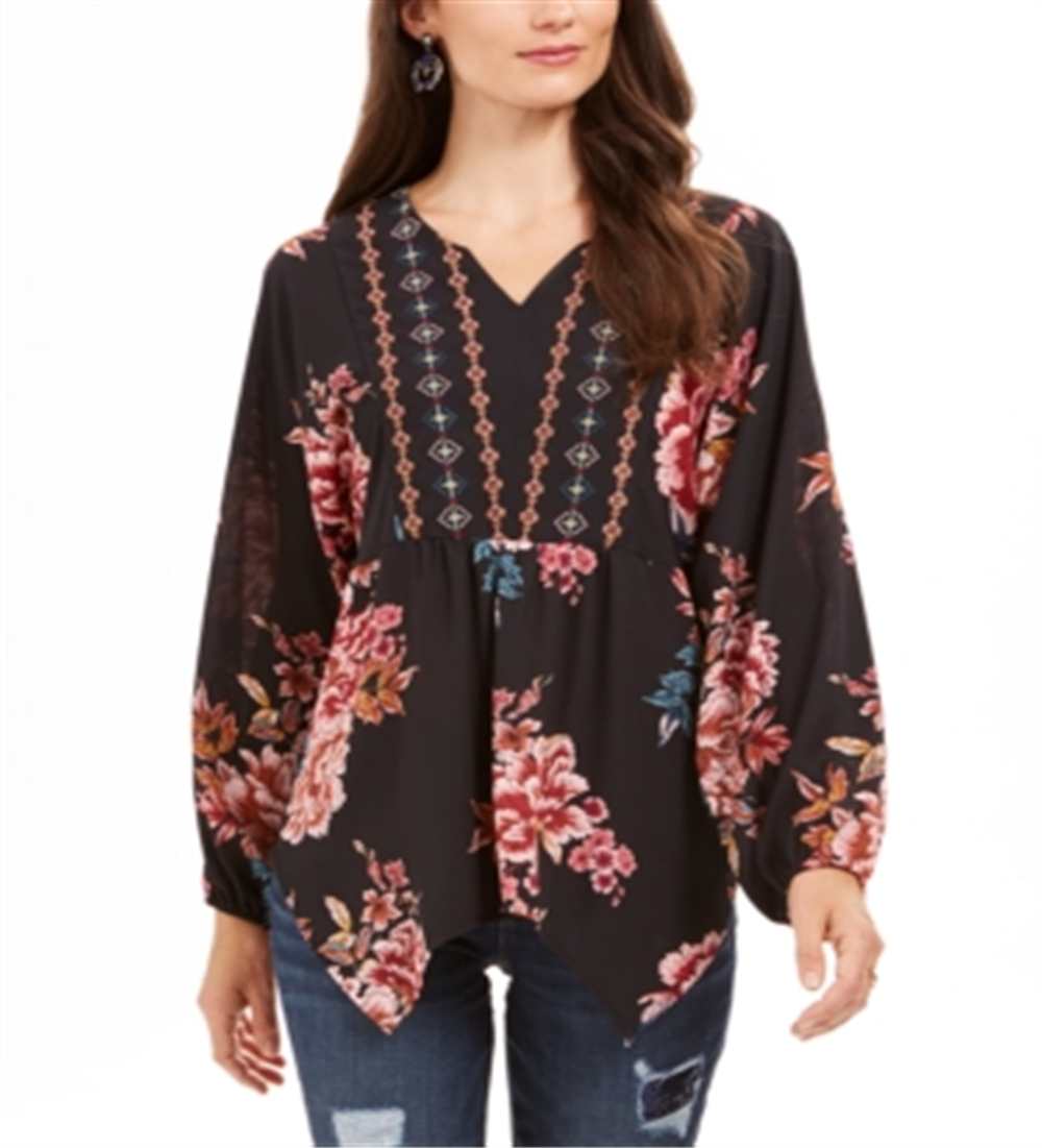 Top feminino estilo camponês com bainha de lenço estampado, preto, tamanho X-S
