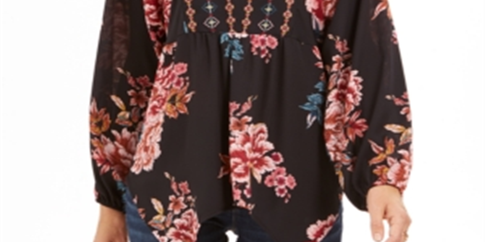 Top feminino estilo camponês com bainha de lenço estampado, preto, tamanho X-S