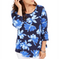 Camiseta feminina estampada floral manga 3/4 da coleção JM, azul, tamanho pequeno