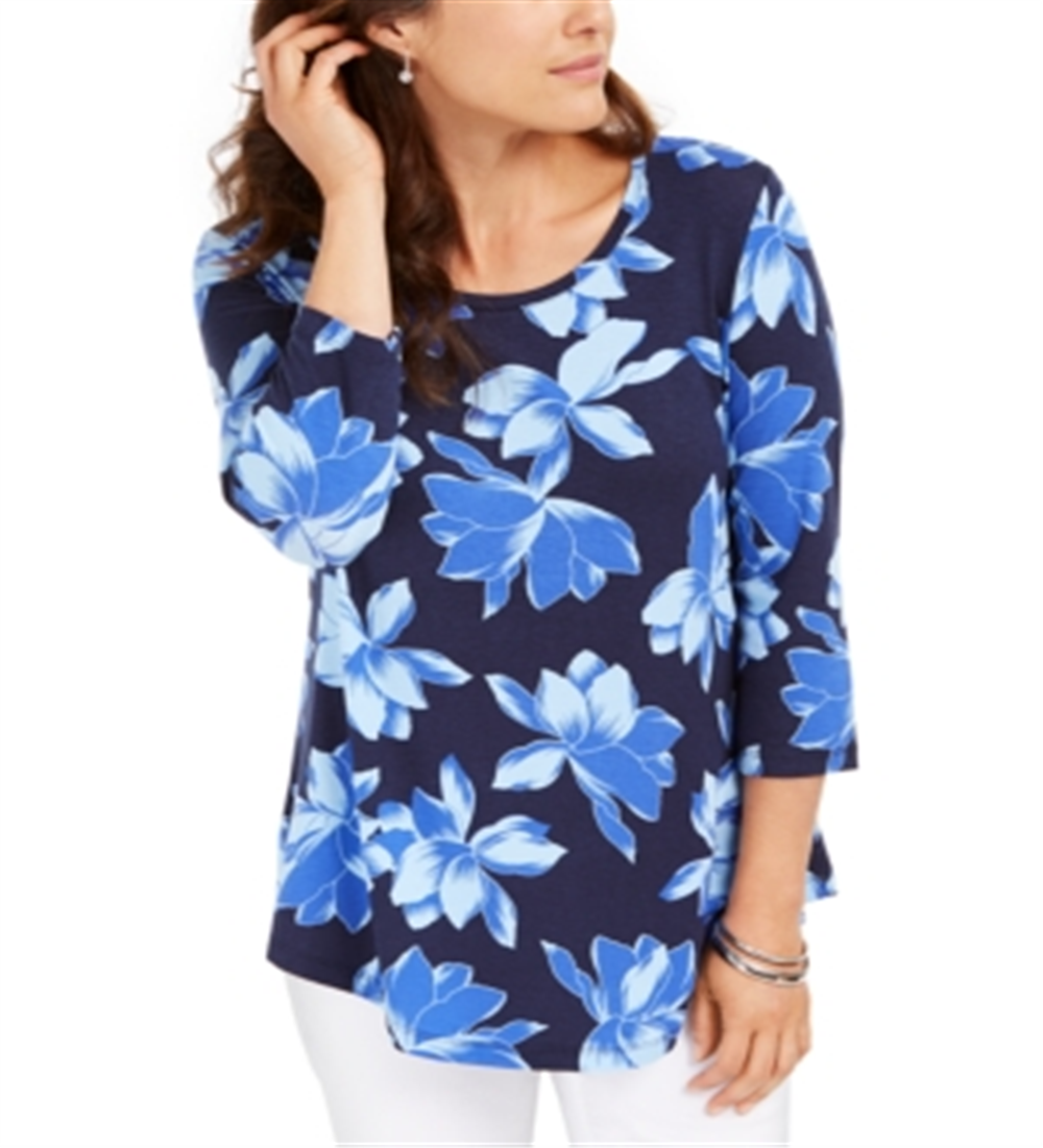 Camiseta feminina estampada floral manga 3/4 da coleção JM, azul, tamanho pequeno