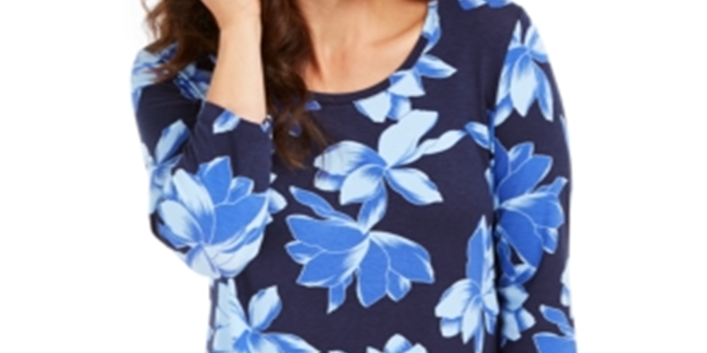 Camiseta feminina estampada floral manga 3/4 da coleção JM, azul, tamanho pequeno