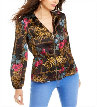 Blusa peplum feminina estampada com zíper Thalia Sodi, preta, tamanho G