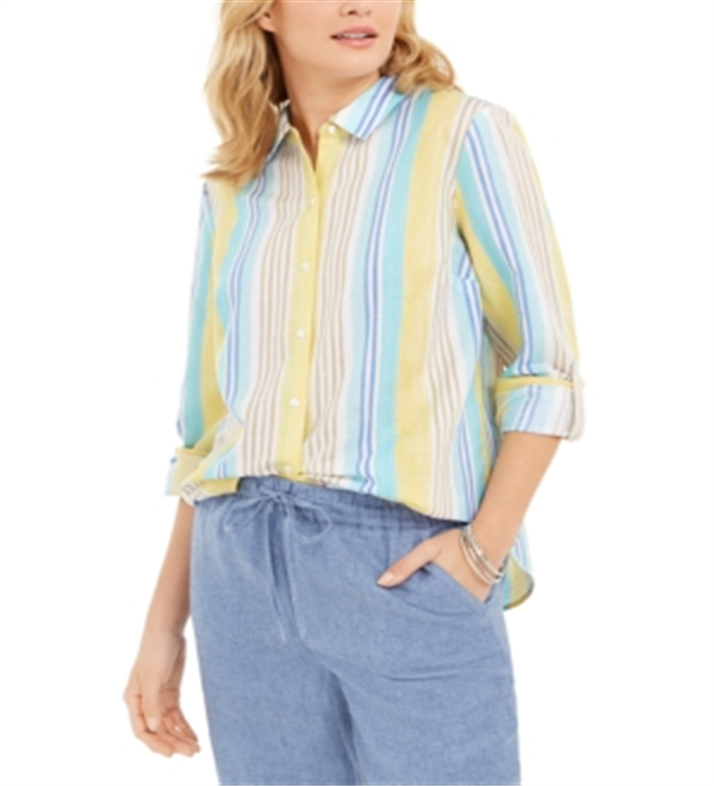 Camisa listrada de linho feminina Charter Club Beach, branca, tamanho grande