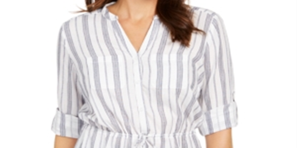 Charter Club Blusa feminina listrada de algodão com amarração na cintura, tamanho pequeno, branca