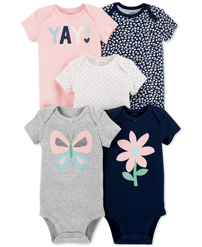 Pacote com 5 macacões estampados Carter's Baby Girl, cinza, tamanho 12 meses