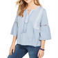 Blusa feminina estampada estilo camponês azul tamanho X-S