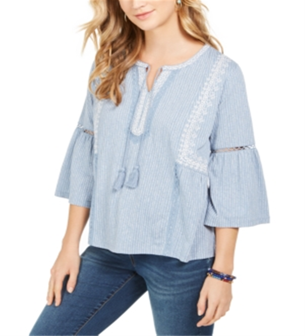 Blusa feminina estampada estilo camponês azul tamanho X-S