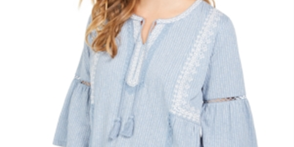 Blusa feminina estampada estilo camponês azul tamanho X-S