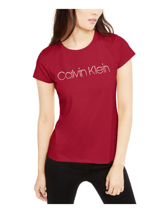 Camiseta Calvin Klein Feminina Estampada com Contas e Gola Joia, Manga Curta, Vermelha, Tamanho X-G