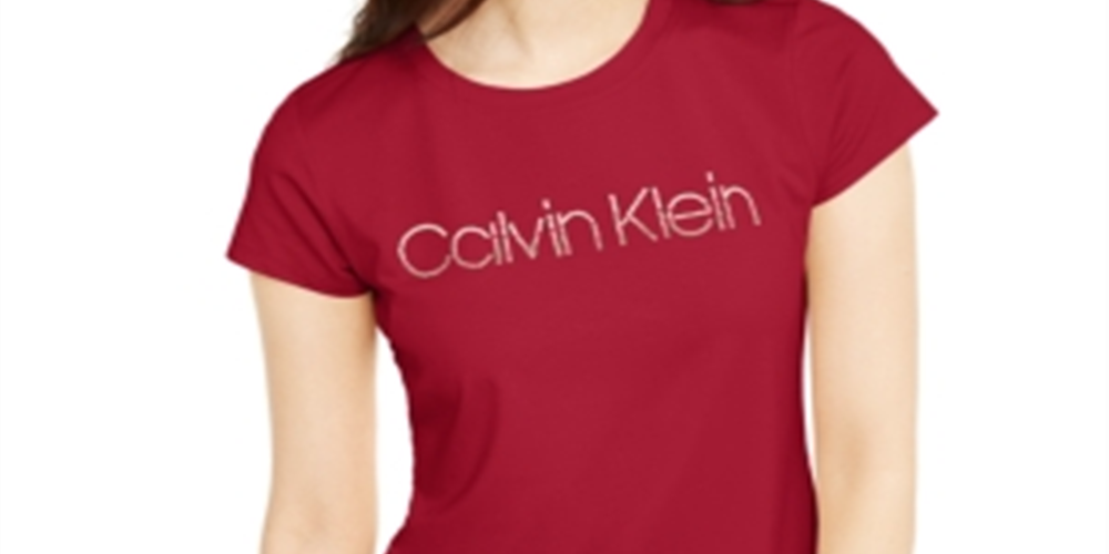 Camiseta Calvin Klein Feminina Estampada com Contas e Gola Joia, Manga Curta, Vermelha, Tamanho X-G