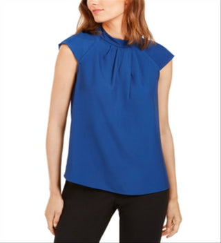 Blusa Calvin Klein Feminina Manga Curta Plissada Gola Simulada Azul Marinho Tamanho P